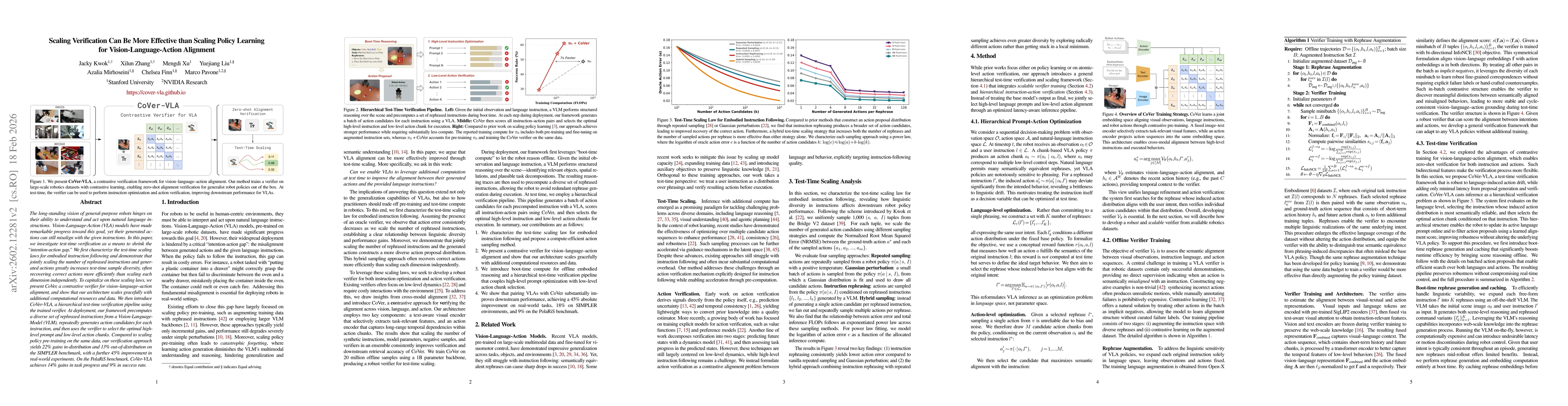 Thumbnail for Scaling Verification Can Be More Effective than Scaling Policy Learning for Vision-Language-Action Alignment