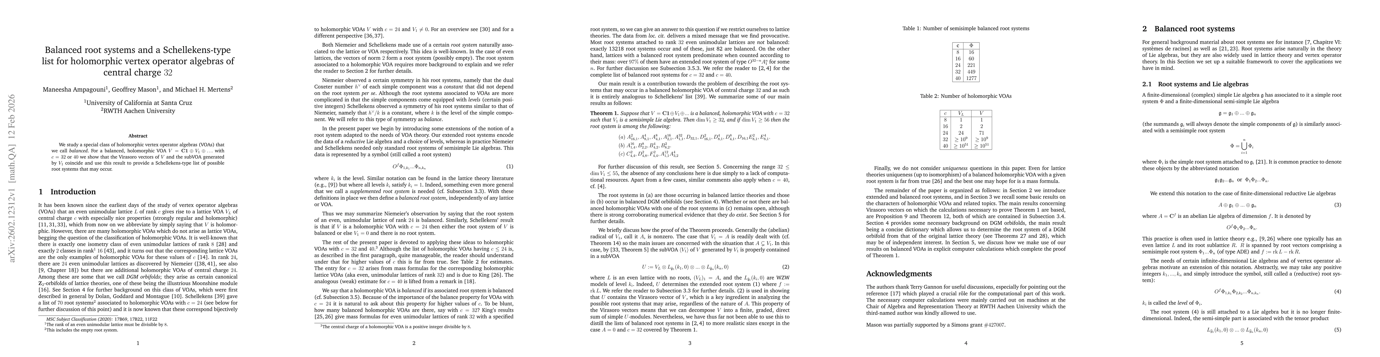 Thumbnail for Balanced root systems and a Schellekens-type list for holomorphic vertex operator algebras of central charge $32$