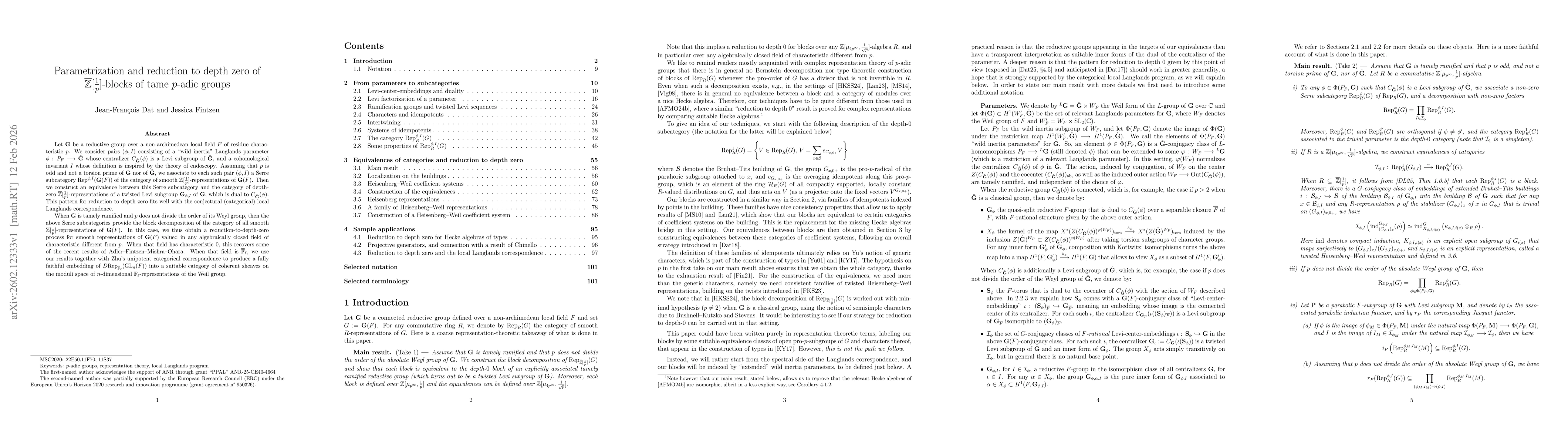 Thumbnail for Parametrization and reduction to depth zero of $\overline{\mathbb{Z}}[\frac{1}{p}]$-blocks of tame $p$-adic groups