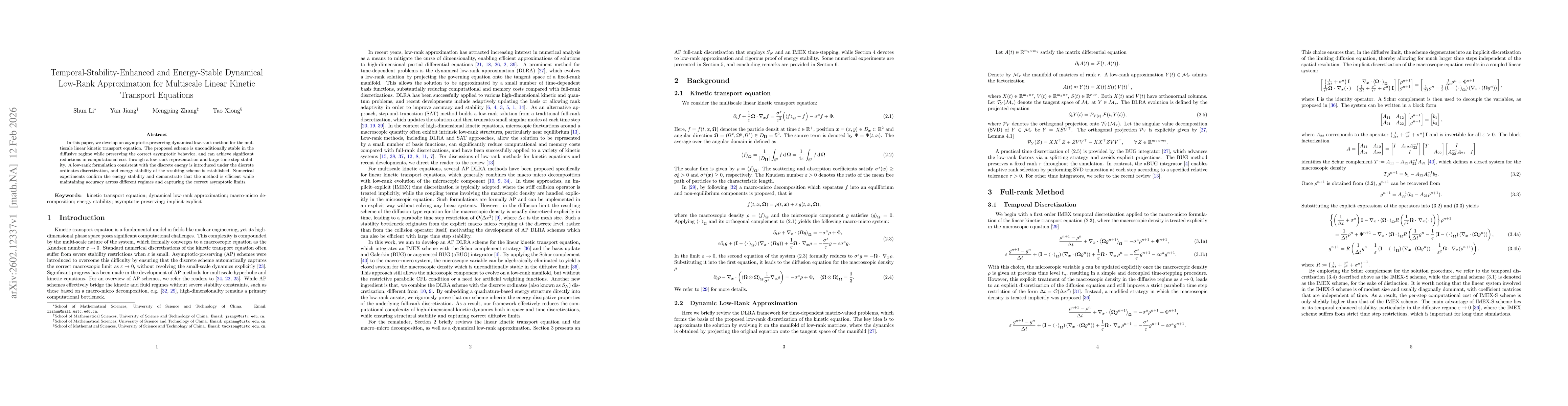 Thumbnail for Temporal-Stability-Enhanced and Energy-Stable Dynamical Low-Rank Approximation for Multiscale Linear Kinetic Transport Equations