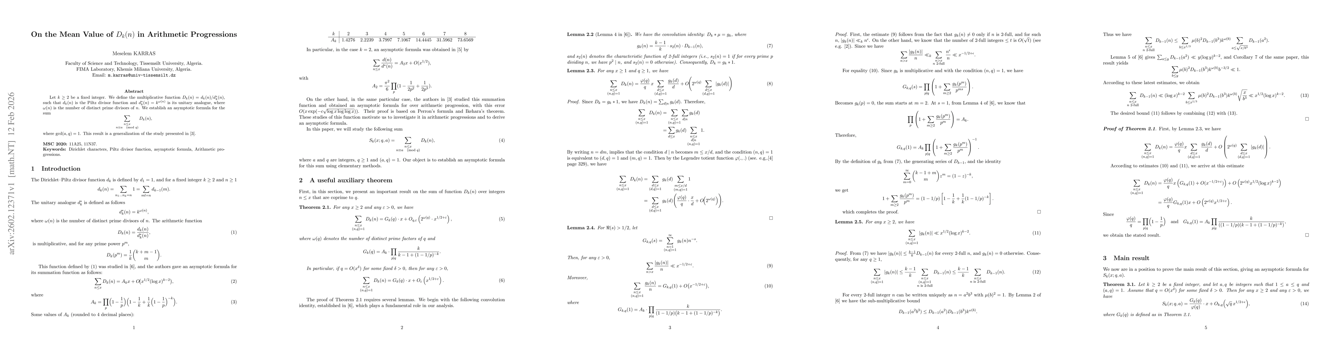 Thumbnail for On the Mean Value of $D_k(n)$ in Arithmetic Progressions