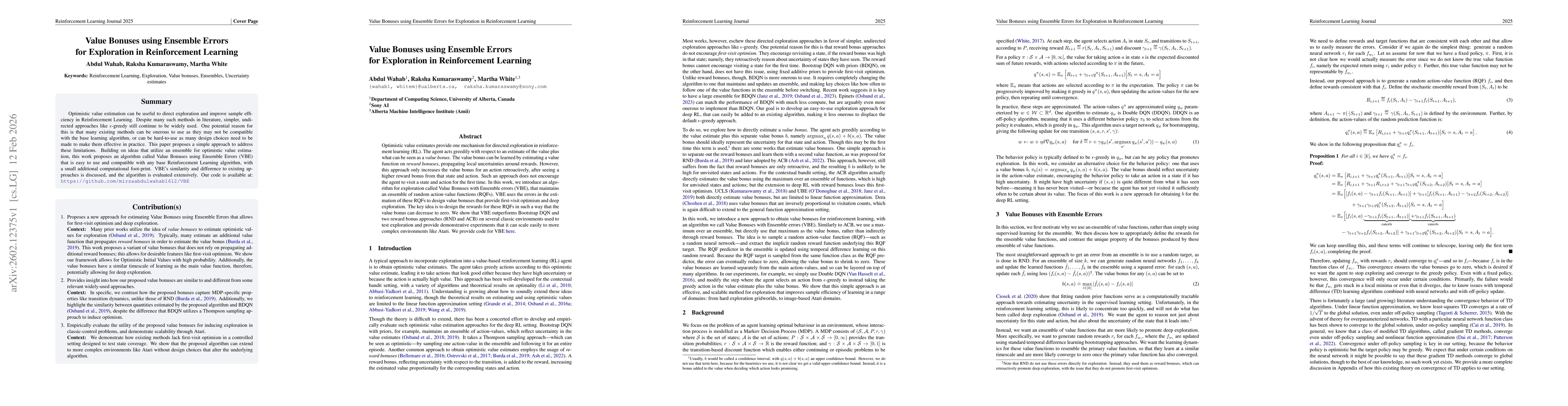 Thumbnail for Value Bonuses using Ensemble Errors for Exploration in Reinforcement Learning