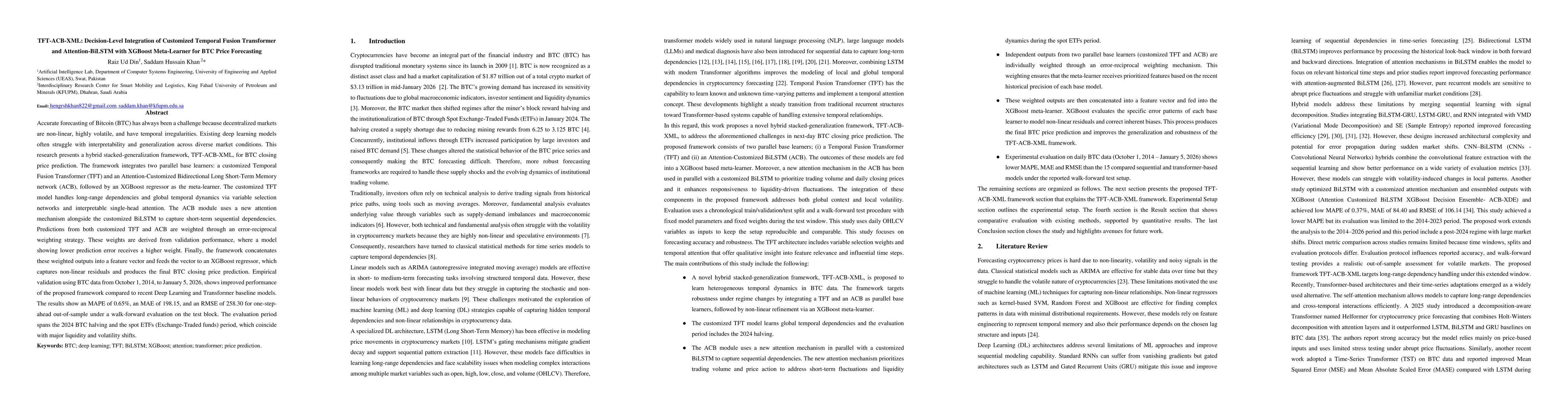 Thumbnail for TFT-ACB-XML: Decision-Level Integration of Customized Temporal Fusion Transformer and Attention-BiLSTM with XGBoost Meta-Learner for BTC Price Forecasting
