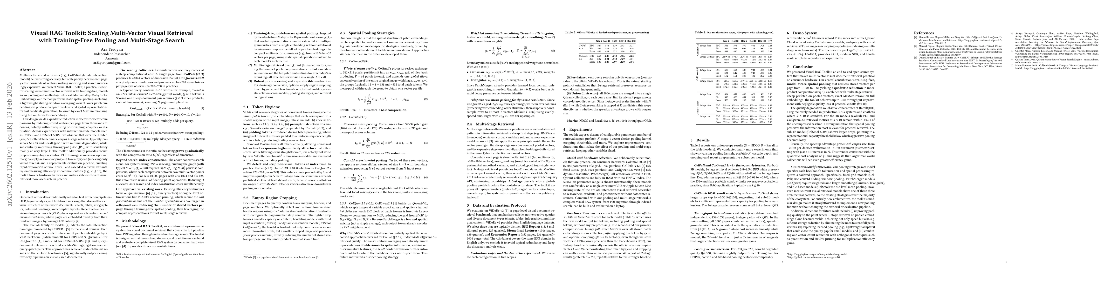 Thumbnail for Visual RAG Toolkit: Scaling Multi-Vector Visual Retrieval with Training-Free Pooling and Multi-Stage Search
