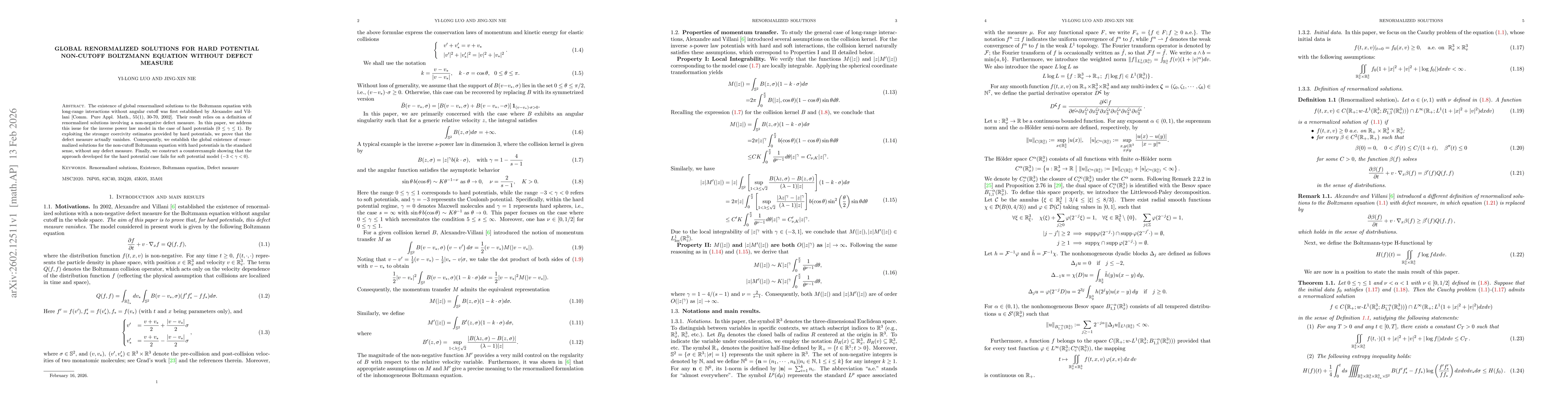 Thumbnail for Global renormalized solutions for hard potential non-cutoff Boltzmann equation without defect measure