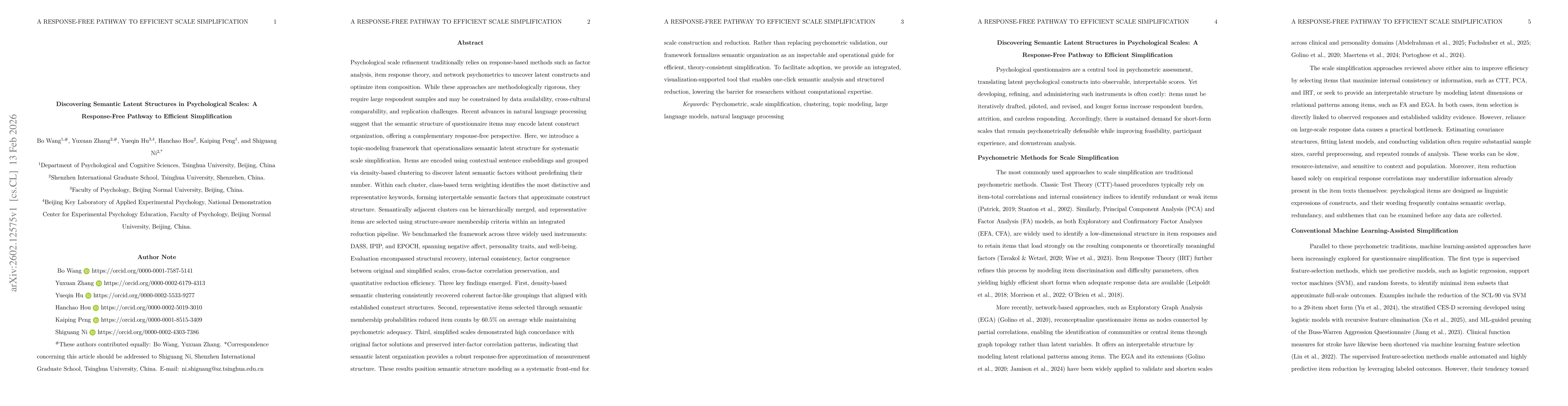 Thumbnail for Discovering Semantic Latent Structures in Psychological Scales: A Response-Free Pathway to Efficient Simplification