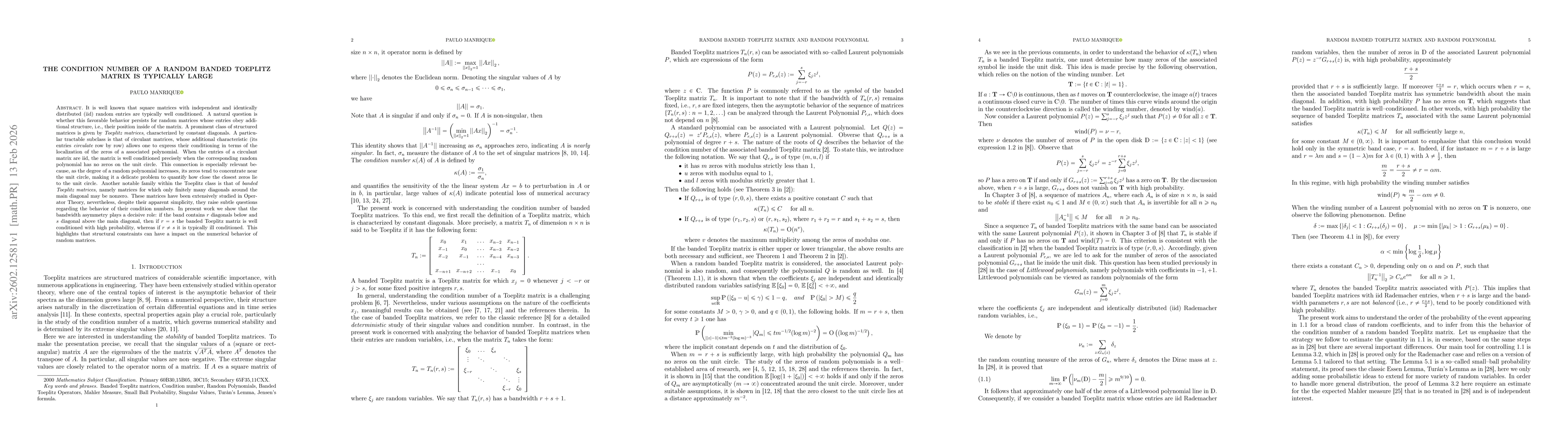 Thumbnail for The condition number of a random banded Toeplitz matrix is typically large