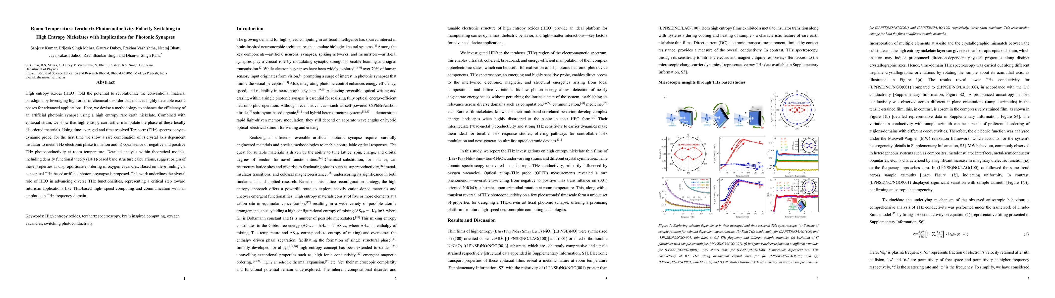 Thumbnail for Room-Temperature Terahertz Photoconductivity Polarity Switching in High Entropy Nickelates with Implications for Photonic Synapses