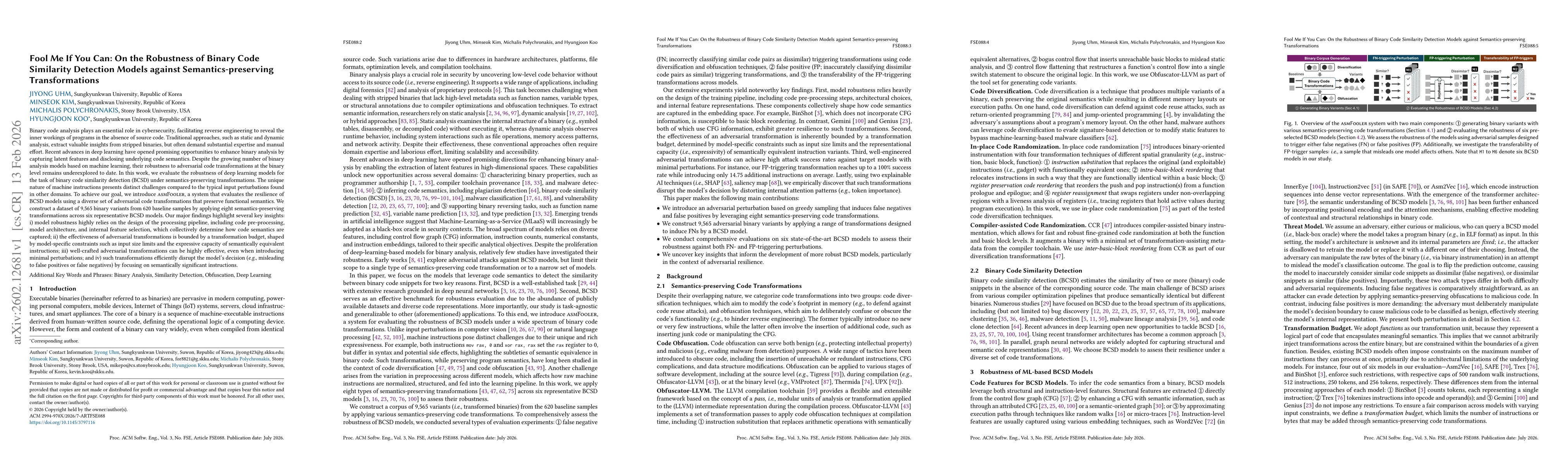 Thumbnail for Fool Me If You Can: On the Robustness of Binary Code Similarity Detection Models against Semantics-preserving Transformations