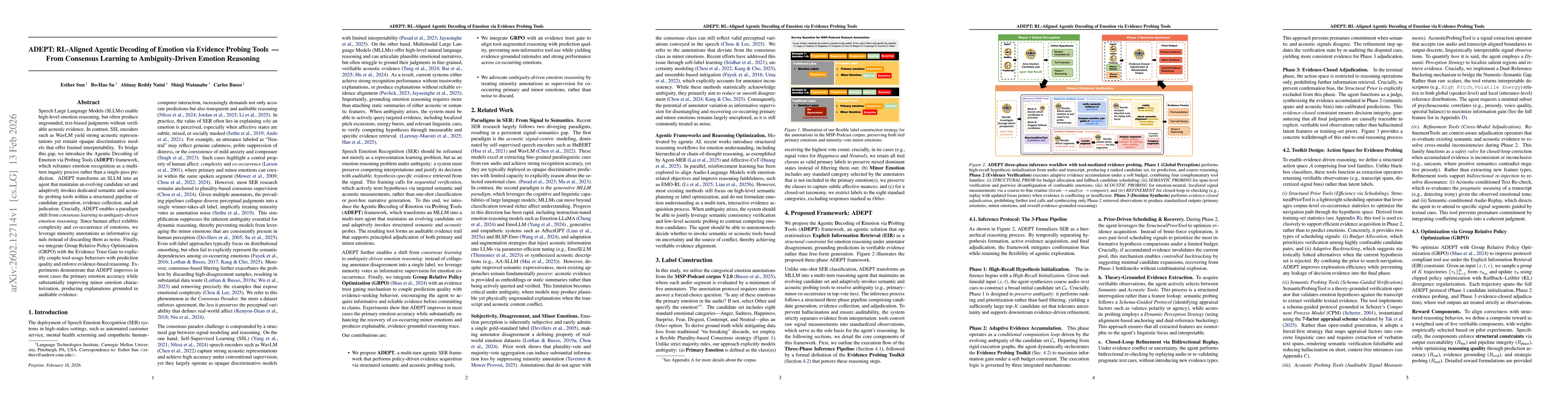 Thumbnail for ADEPT: RL-Aligned Agentic Decoding of Emotion via Evidence Probing Tools -- From Consensus Learning to Ambiguity-Driven Emotion Reasoning