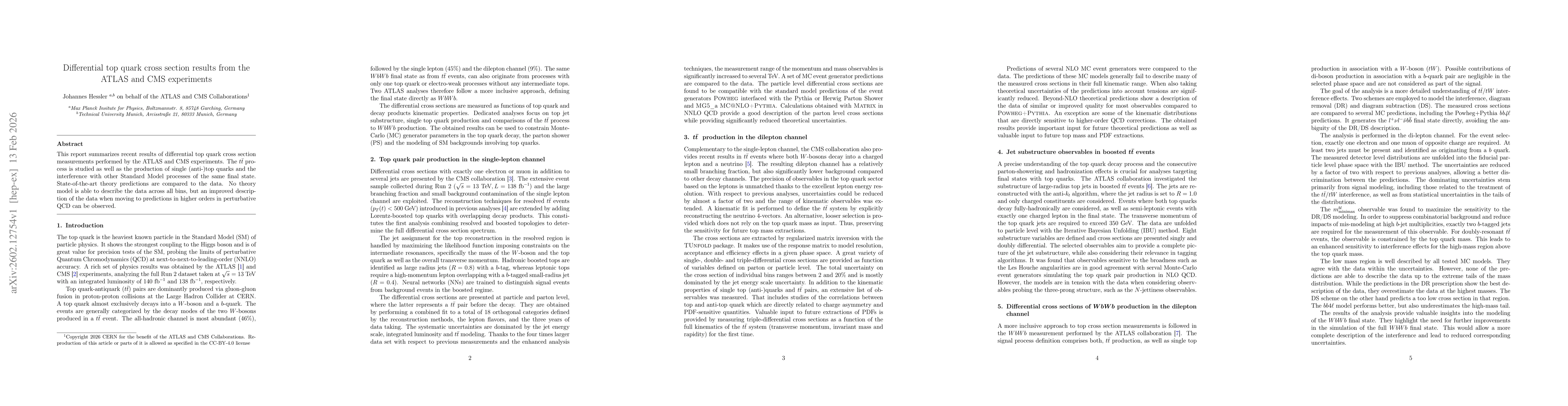 Thumbnail for Differential top quark cross section results from the ATLAS and CMS experiments