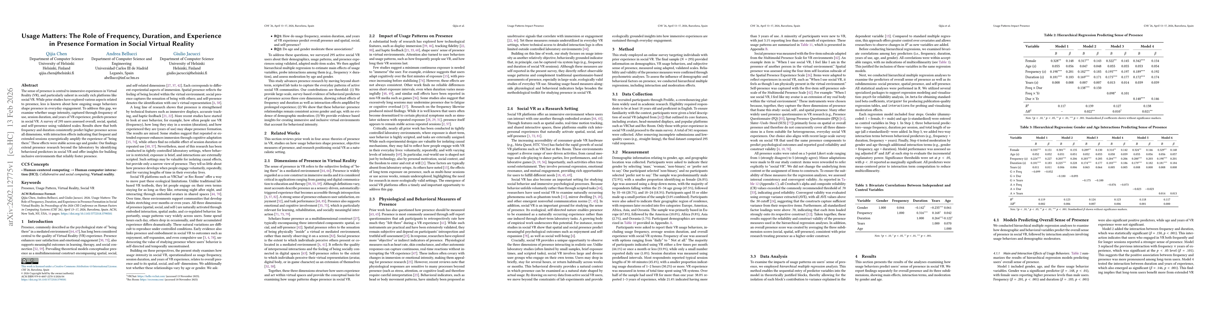 Thumbnail for Usage Matters: The Role of Frequency, Duration, and Experience in Presence Formation in Social Virtual Reality
