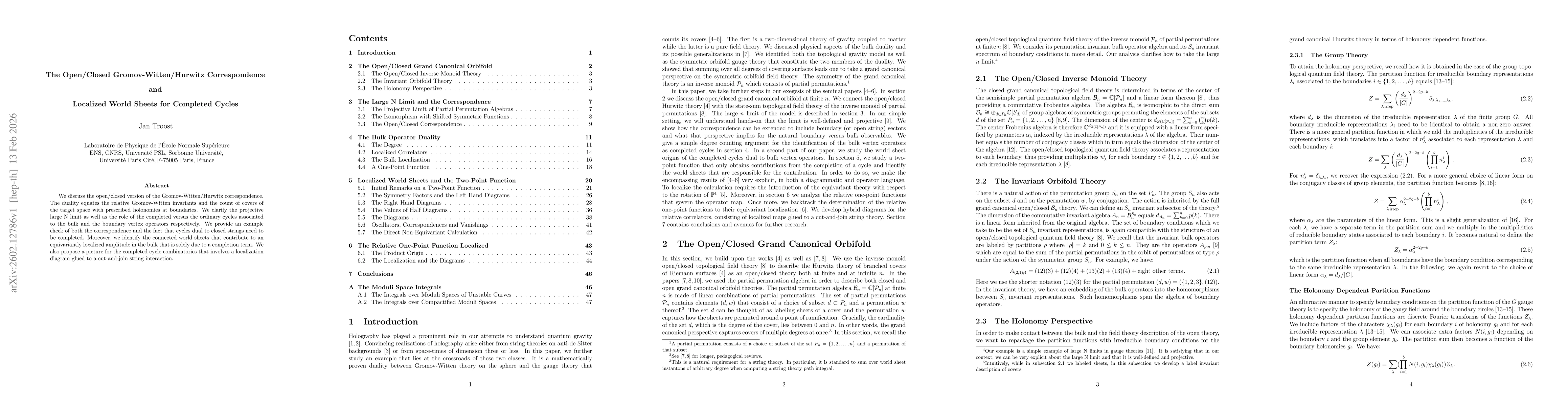 Thumbnail for The Open/Closed Gromov-Witten/Hurwitz Correspondence and Localized World Sheets for Completed Cycles