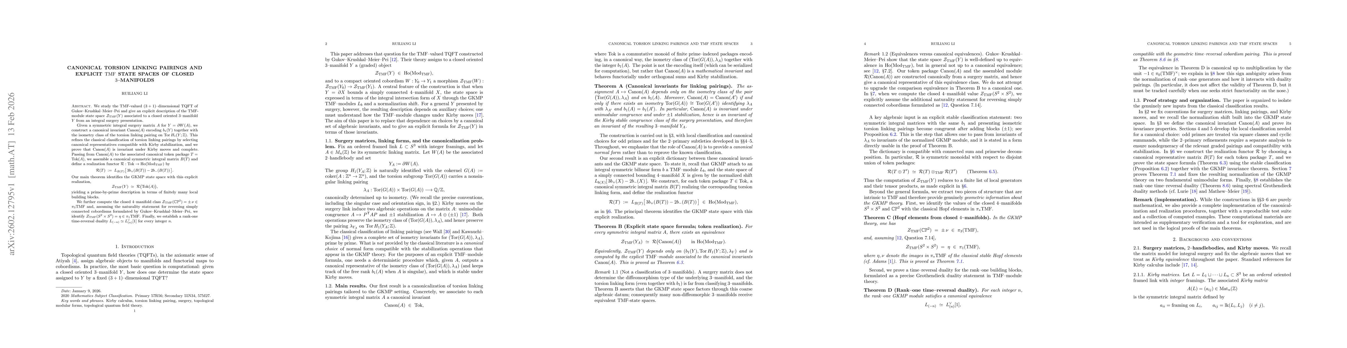 Thumbnail for Canonical torsion linking pairings and explicit TMF state spaces of closed 3-manifolds
