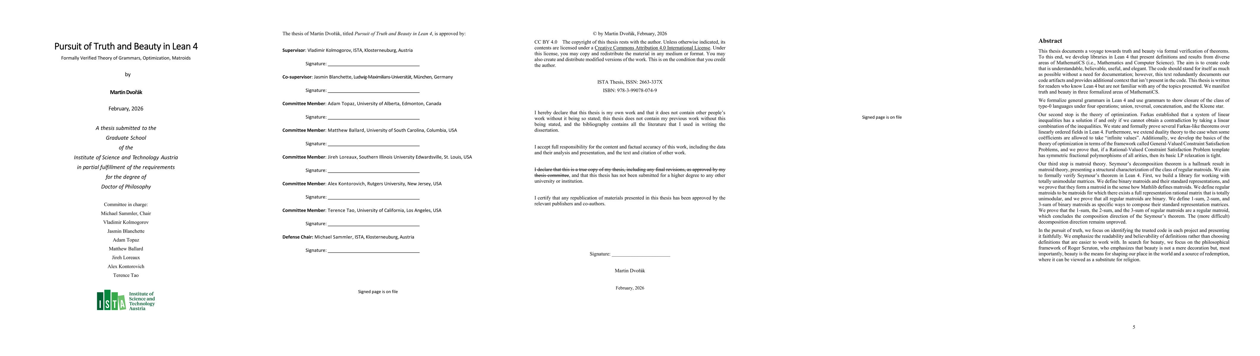 Thumbnail for Pursuit of Truth and Beauty in Lean 4: Formally Verified Theory of Grammars, Optimization, Matroids
