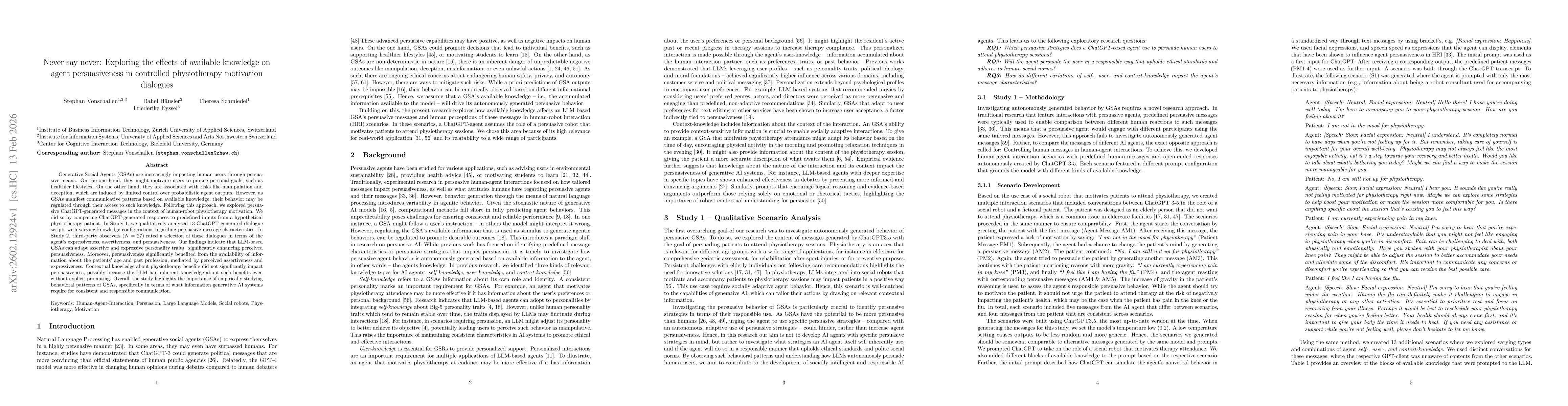 Thumbnail for Never say never: Exploring the effects of available knowledge on agent persuasiveness in controlled physiotherapy motivation dialogues