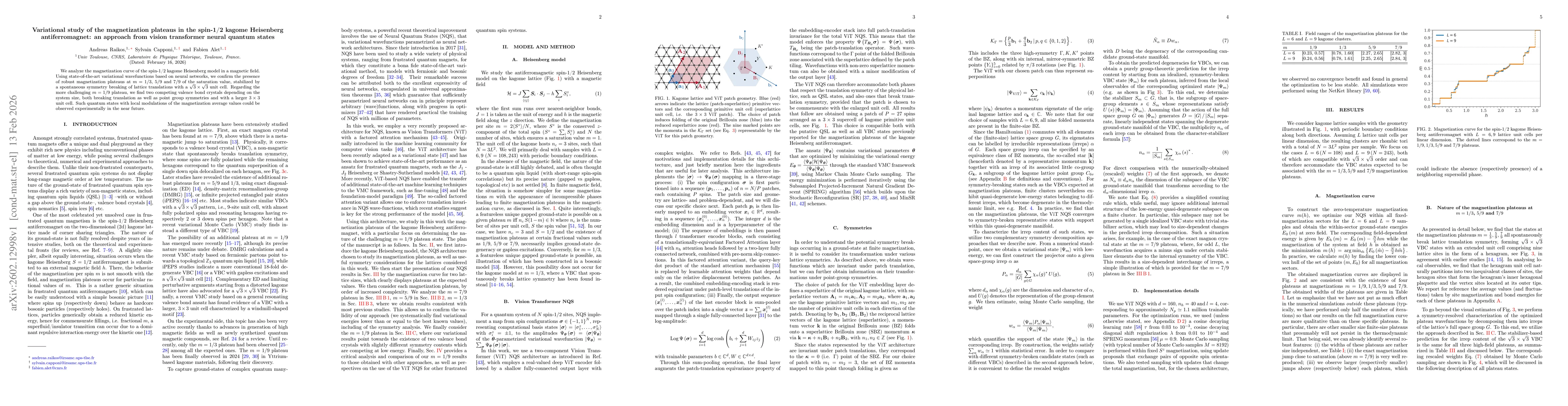 Thumbnail for Variational study of the magnetization plateaus in the spin-1/2 kagome Heisenberg antiferromagnet: an approach from vision transformer neural quantum states