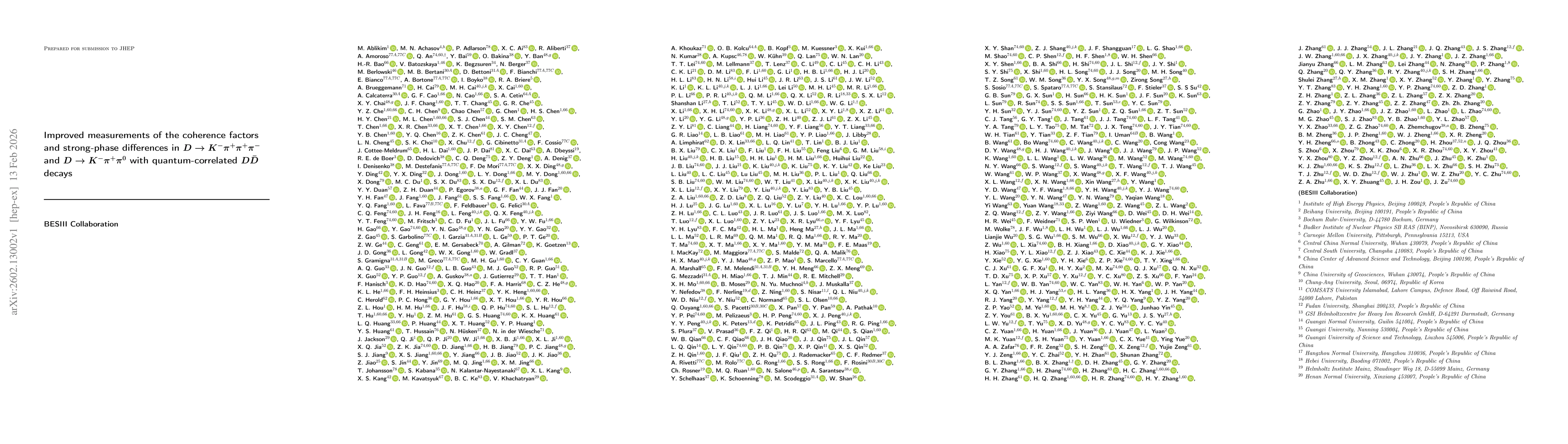 Thumbnail for Improved measurements of the coherence factors and strong-phase differences in $D\to K^-π^+π^+π^-$ and $D\to K^-π^+π^0$ with quantum-correlated $D\bar{D}$ decays