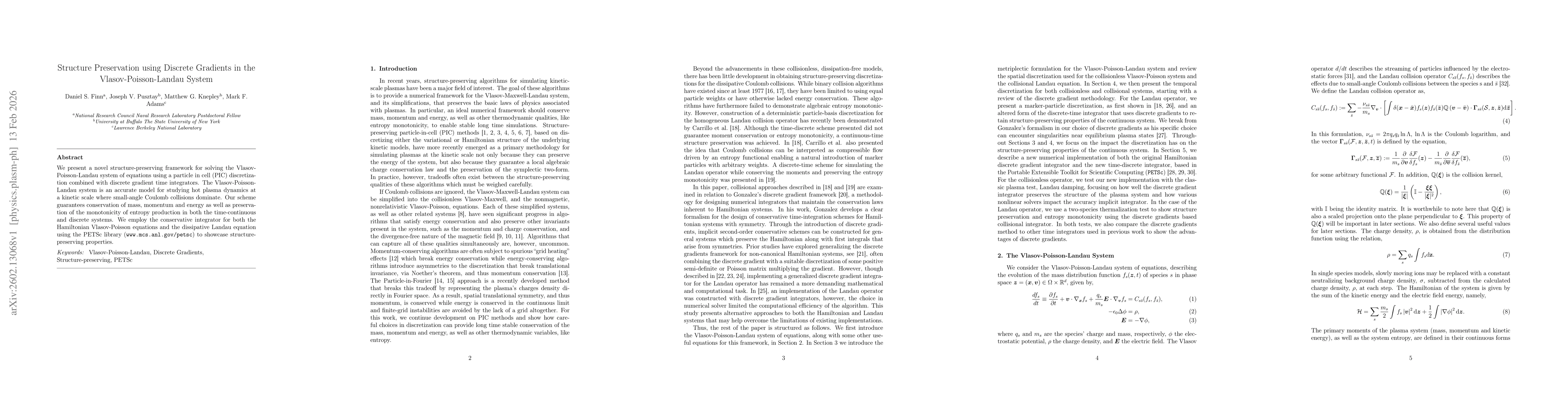 Thumbnail for Structure preservation using discrete gradients in the Vlasov-Poisson-Landau system