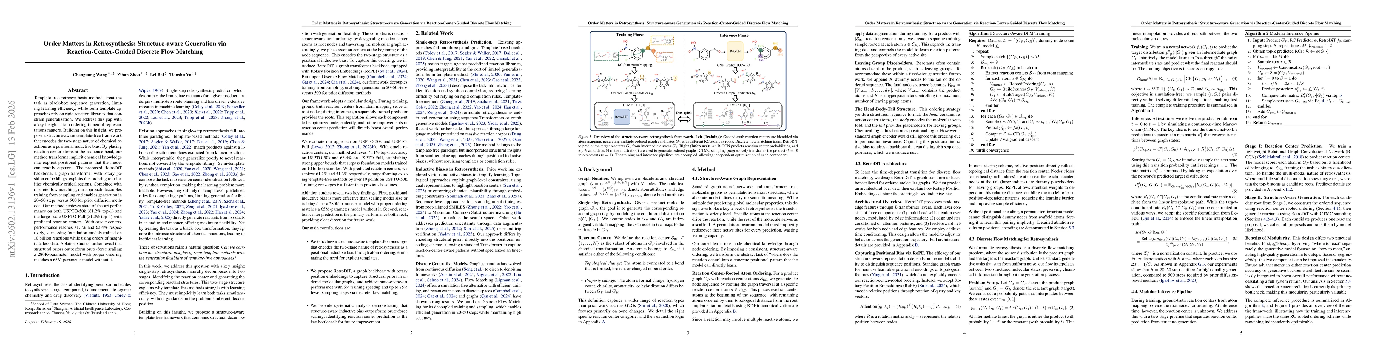 Thumbnail for Order Matters in Retrosynthesis: Structure-aware Generation via Reaction-Center-Guided Discrete Flow Matching