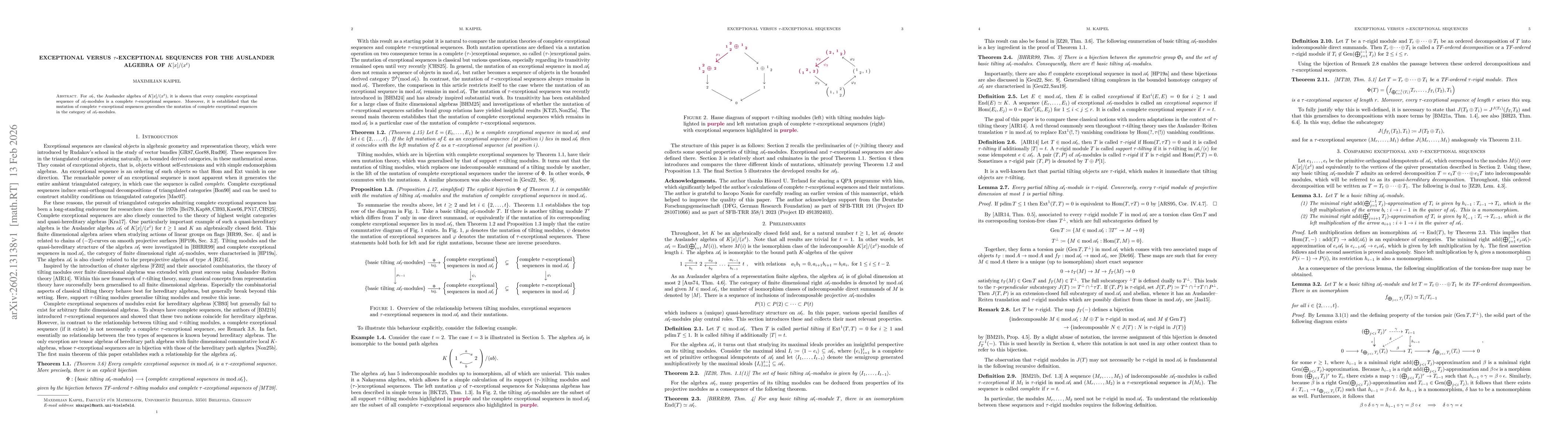 Thumbnail for Exceptional versus $τ$-exceptional sequences for the Auslander algebra of $K[x]/(x^t)$
