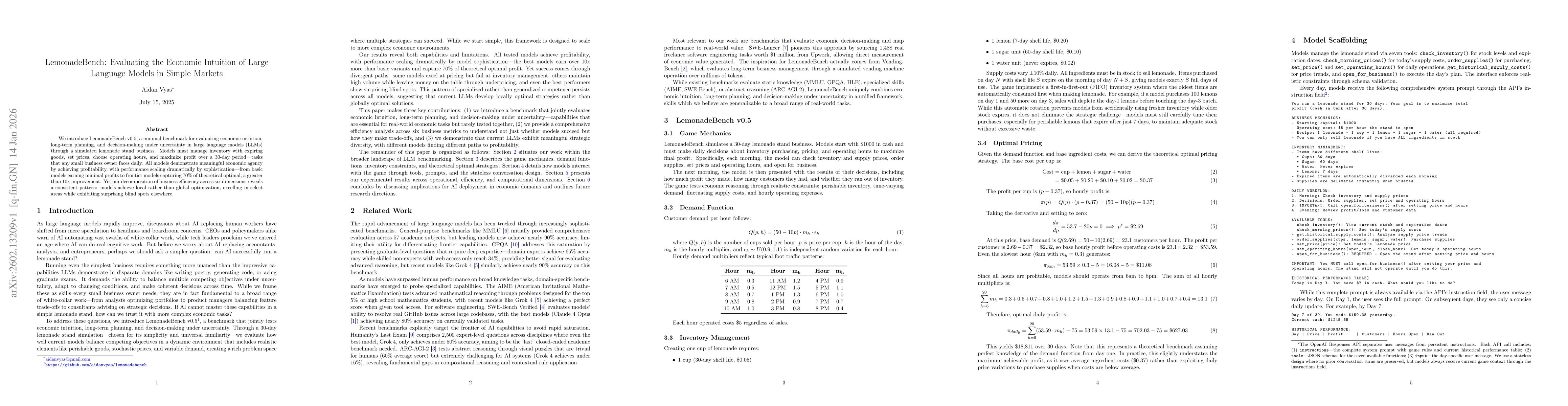 Thumbnail for LemonadeBench: Evaluating the Economic Intuition of Large Language Models in Simple Markets