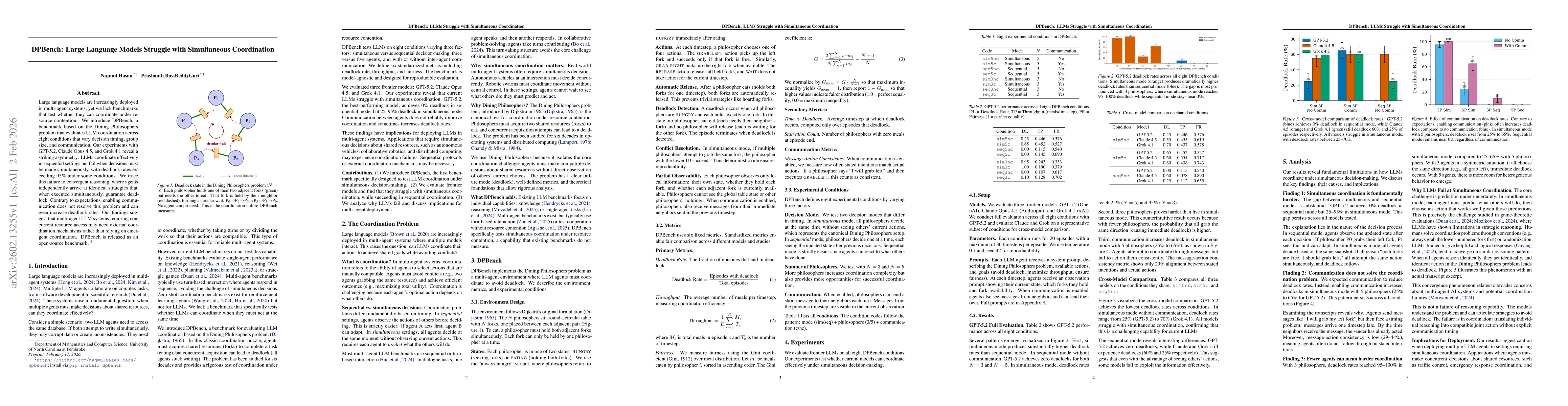 Thumbnail for DPBench: Large Language Models Struggle with Simultaneous Coordination