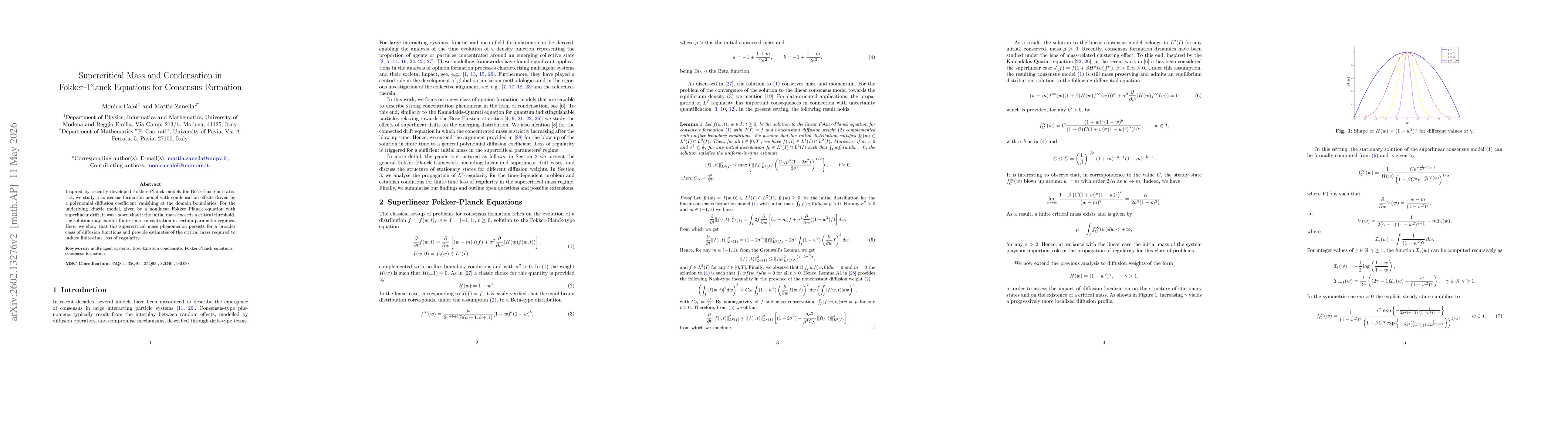 Thumbnail for Supercritical Mass and Condensation in Fokker--Planck Equations for Consensus Formation