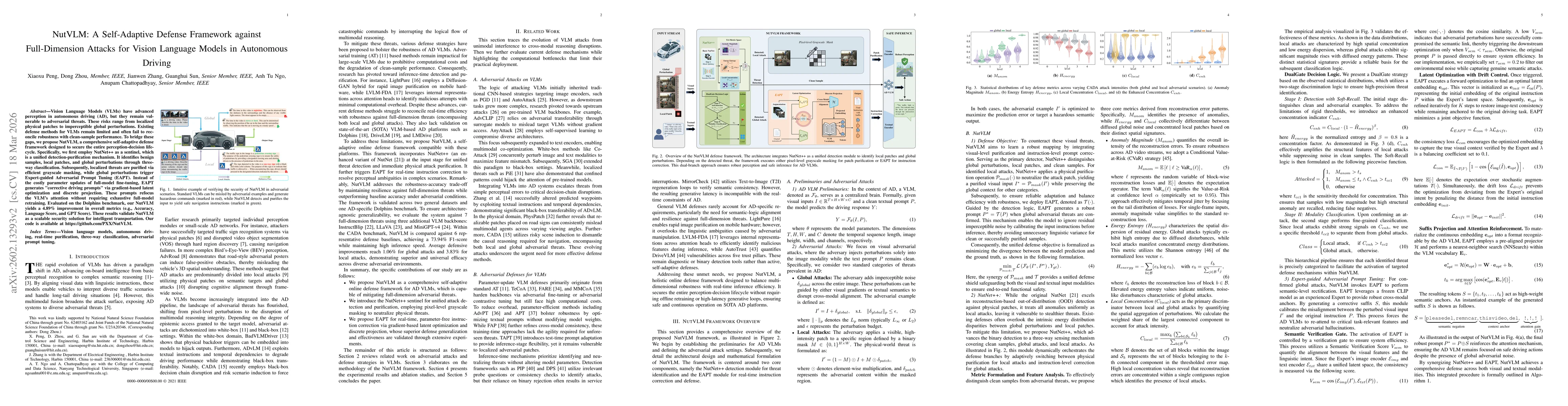 Thumbnail for NutVLM: A Self-Adaptive Defense Framework against Full-Dimension Attacks for Vision Language Models in Autonomous Driving
