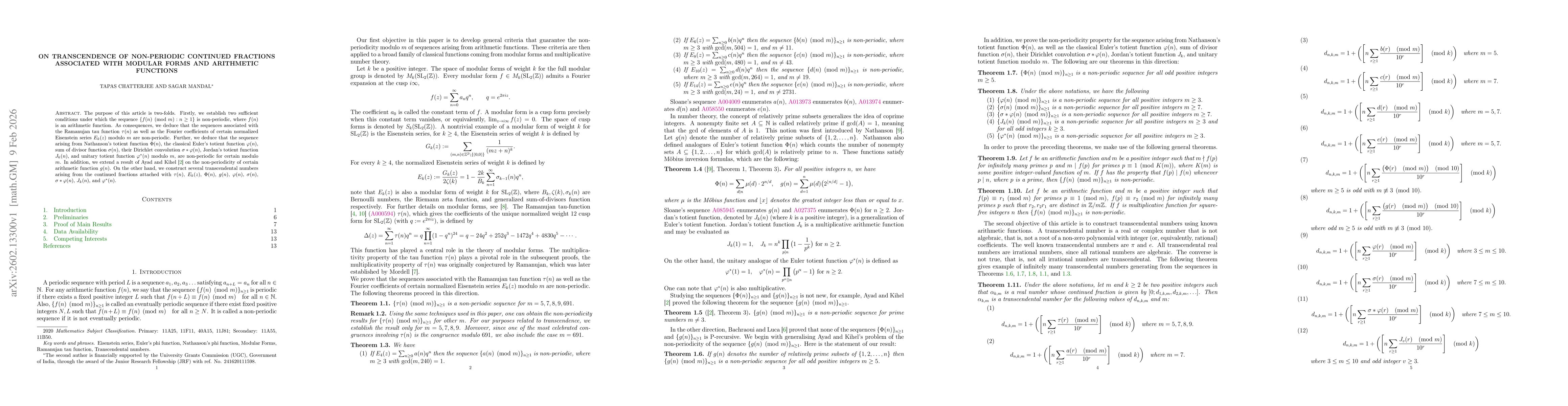 Thumbnail for On transcendence of non-periodic continued fractions associated with modular forms and arithmetic functions