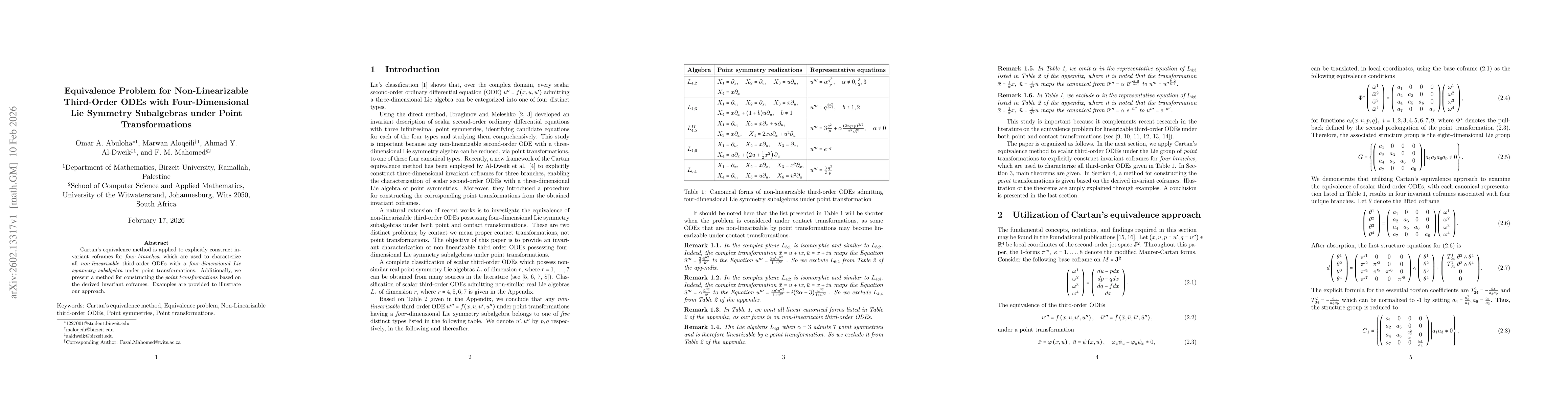 Thumbnail for Equivalence Problem for Non-Linearizable Third-Order ODEs with Four-Dimensional Lie Symmetry Subalgebras under Point Transformations