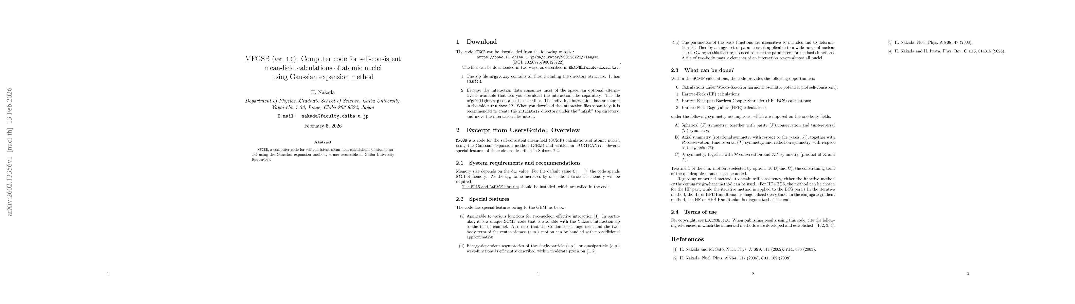Thumbnail for MFGSB (ver. 1.0): Computer code for self-consistent mean-field calculations of atomic nuclei using Gaussian expansion method