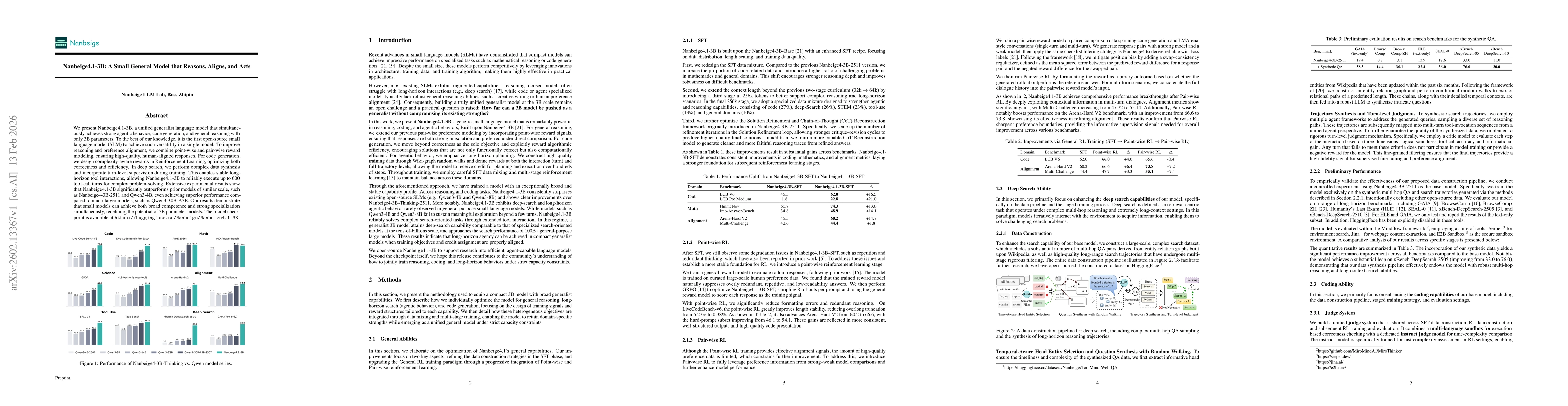 Thumbnail for Nanbeige4.1-3B: A Small General Model that Reasons, Aligns, and Acts