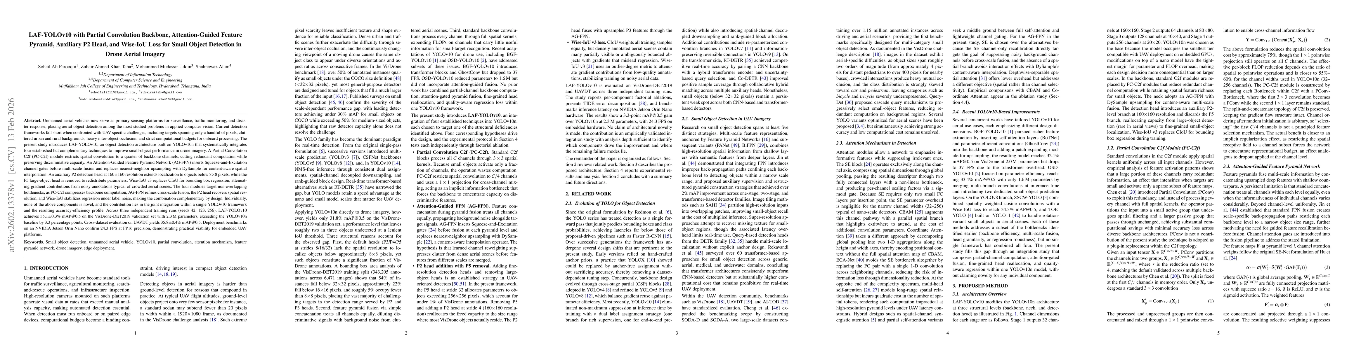 Thumbnail for LAF-YOLOv10 with Partial Convolution Backbone, Attention-Guided Feature Pyramid, Auxiliary P2 Head, and Wise-IoU Loss for Small Object Detection in Drone Aerial Imagery