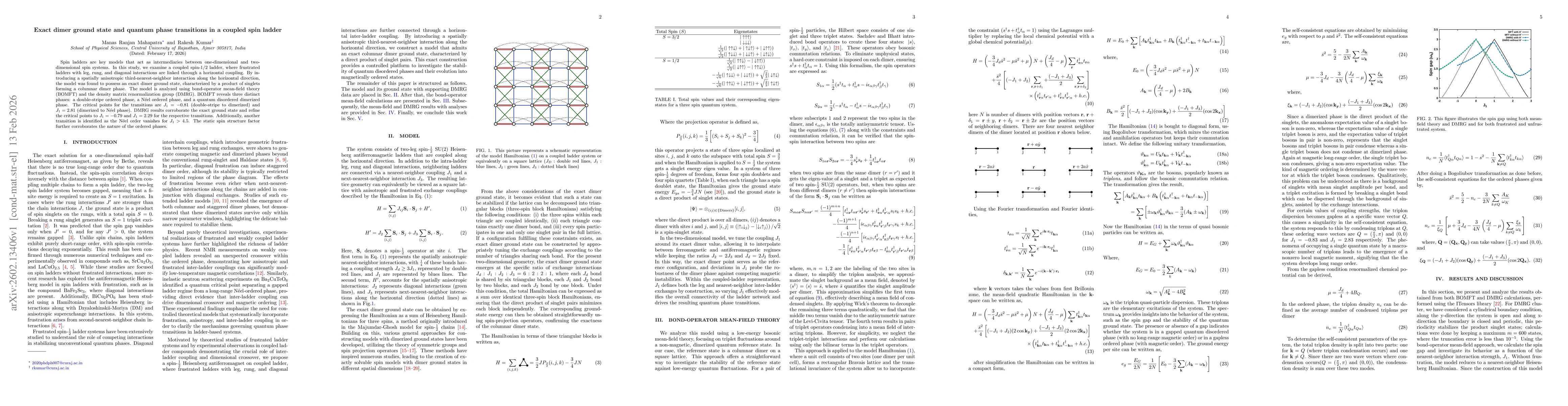Thumbnail for Exact dimer ground state and quantum phase transitions in a coupled spin ladder