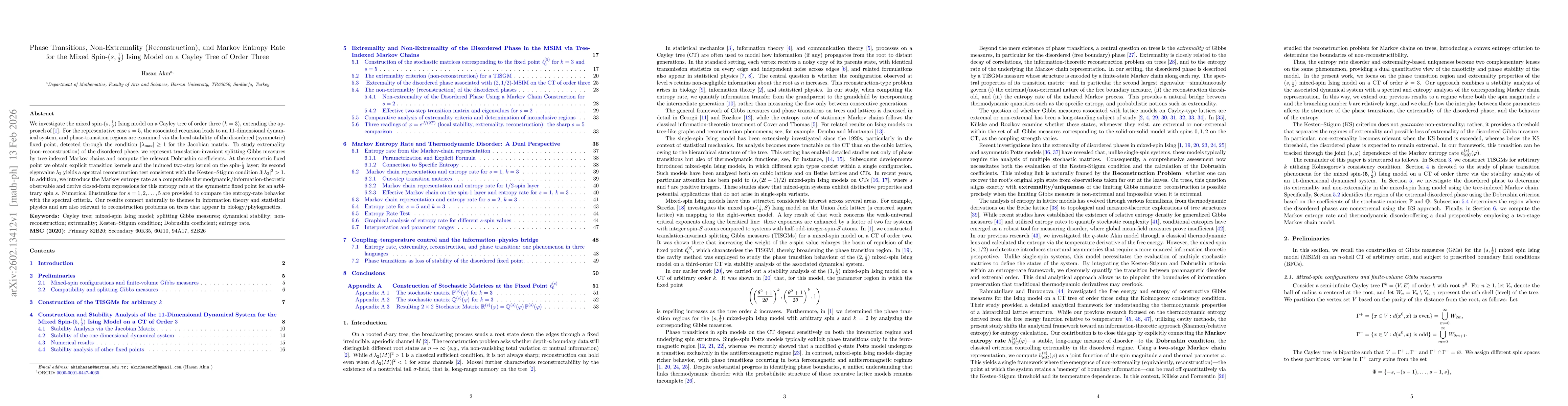 Thumbnail for Phase Transitions, Non-Extremality (Reconstruction), and Markov Entropy Rate for the Mixed Spin-$(s,\tfrac12)$ Ising Model on a Cayley Tree of Order Three