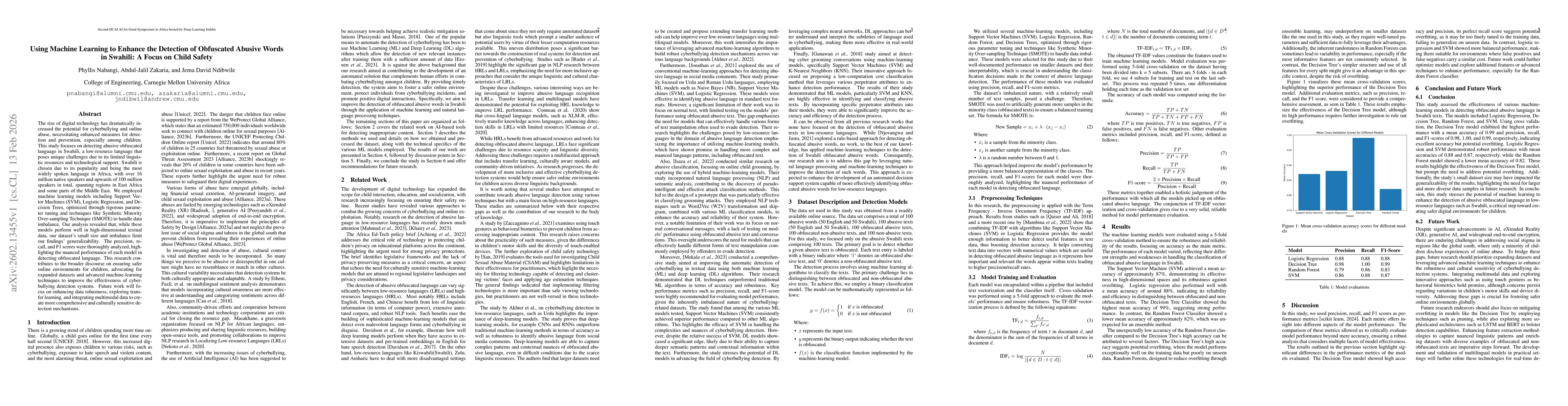 Thumbnail for Using Machine Learning to Enhance the Detection of Obfuscated Abusive Words in Swahili: A Focus on Child Safety