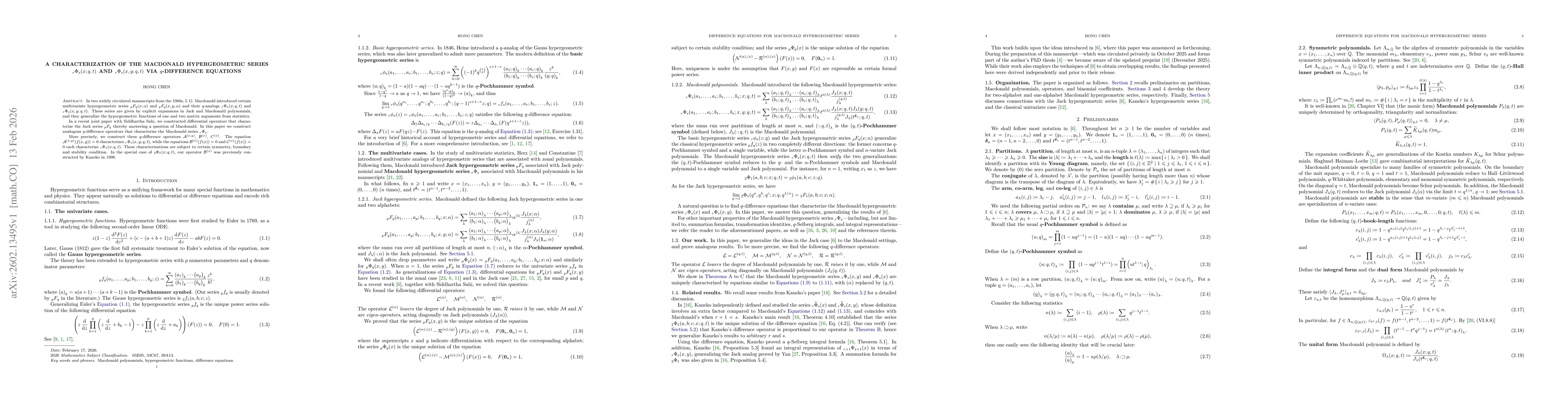Thumbnail for A Characterization of the Macdonald Hypergeometric Series ${}_rΦ_s(x;q,t)$ and ${}_rΦ_s(x,y;q,t)$ via $q$-Difference Equations