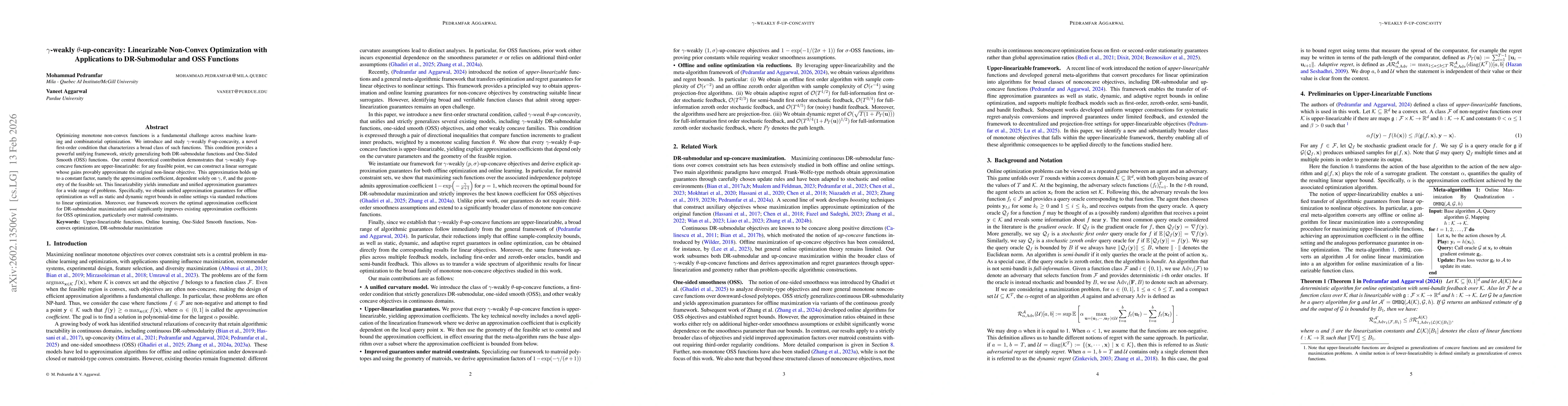 Thumbnail for $γ$-weakly $θ$-up-concavity: Linearizable Non-Convex Optimization with Applications to DR-Submodular and OSS Functions