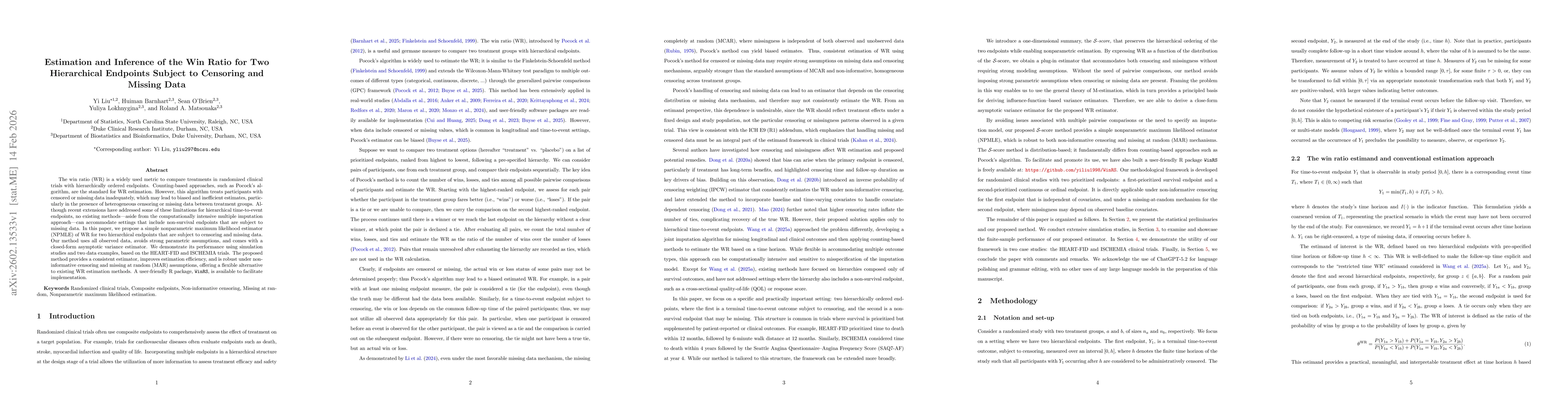 Thumbnail for Estimation and Inference of the Win Ratio for Two Hierarchical Endpoints Subject to Censoring and Missing Data