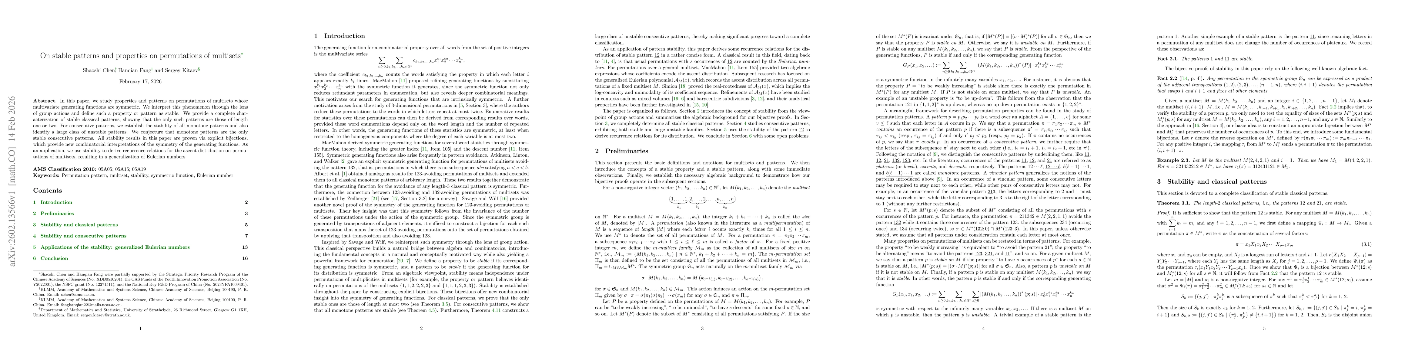 Thumbnail for On stable patterns and properties on permutations of multisets