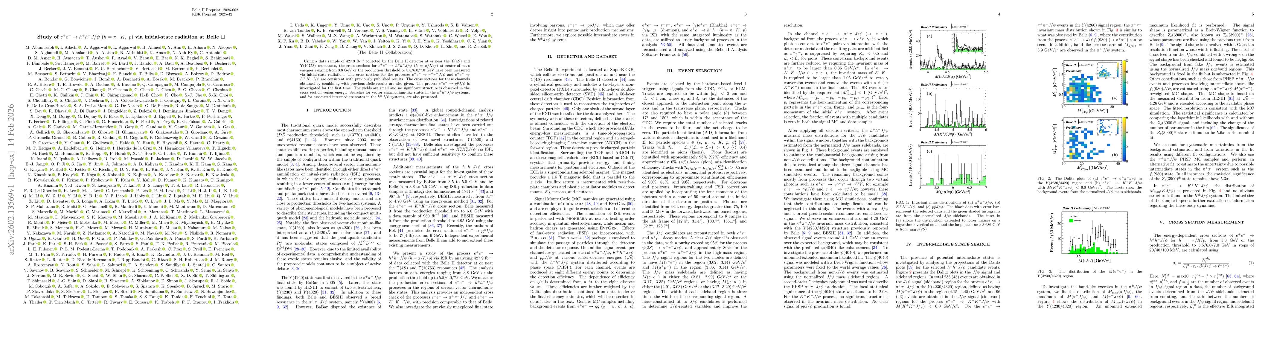 Thumbnail for Study of $e^{+}e^{-}\to h^{+}h^{-}J/ψ~(h=π,~K,~p)$ via initial-state radiation at Belle~II