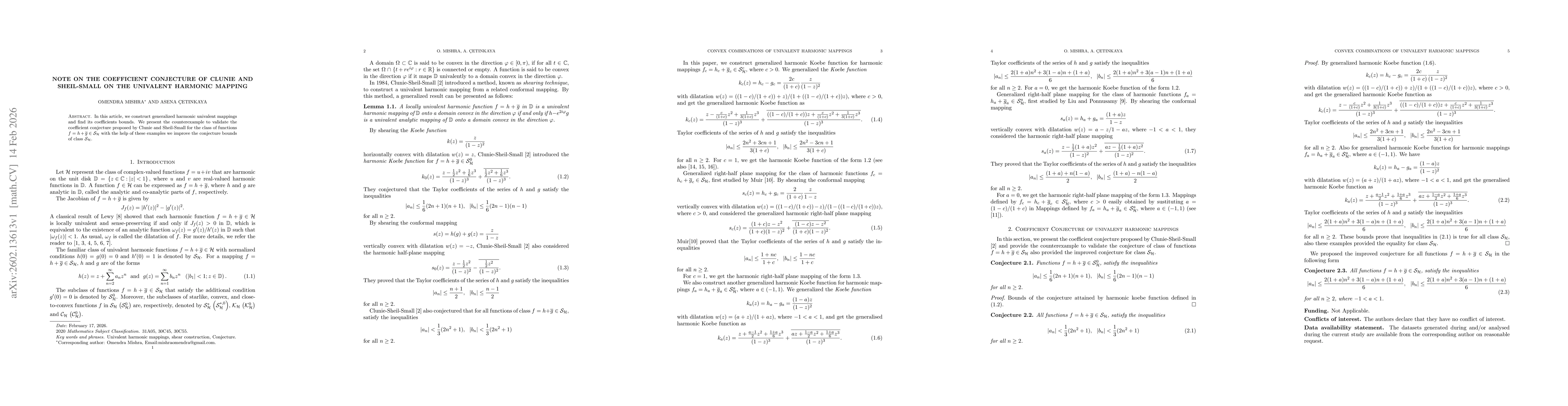 Thumbnail for Note on the Coefficient Conjecture of Clunie and Sheil-Small on the univalent harmonic mapping