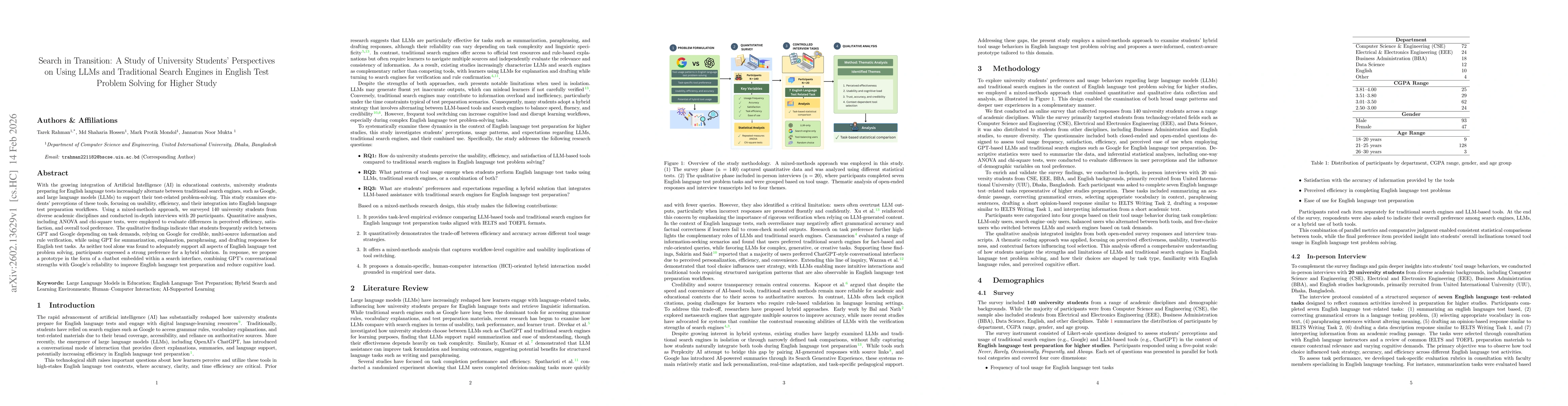 Thumbnail for Search in Transition: A Study of University Students Perspectives on Using LLMs and Traditional Search Engines in English Test Problem Solving for Higher Study