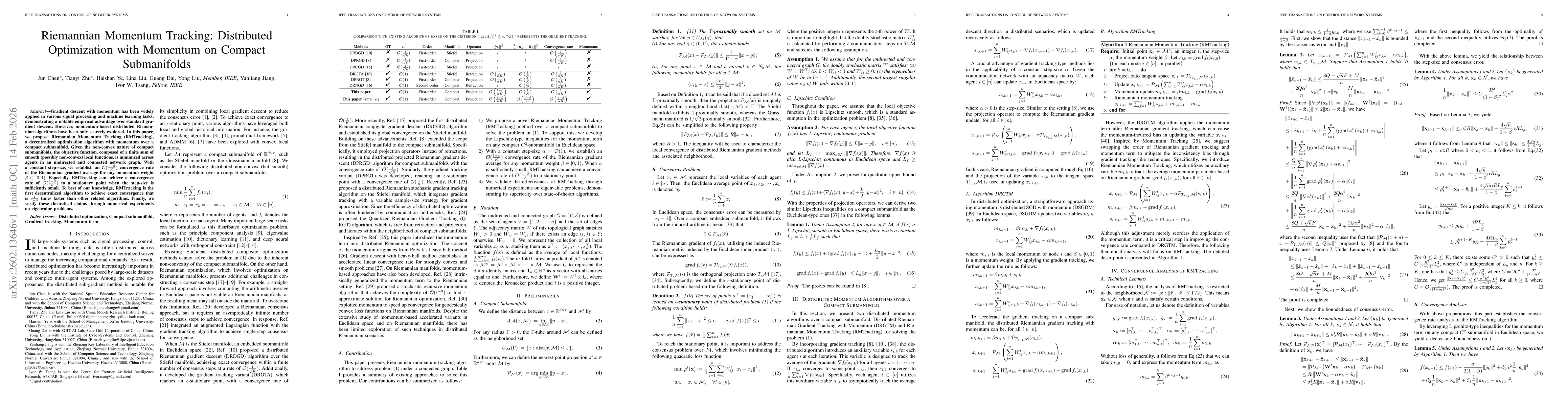 Thumbnail for Riemannian Momentum Tracking: Distributed Optimization with Momentum on Compact Submanifolds