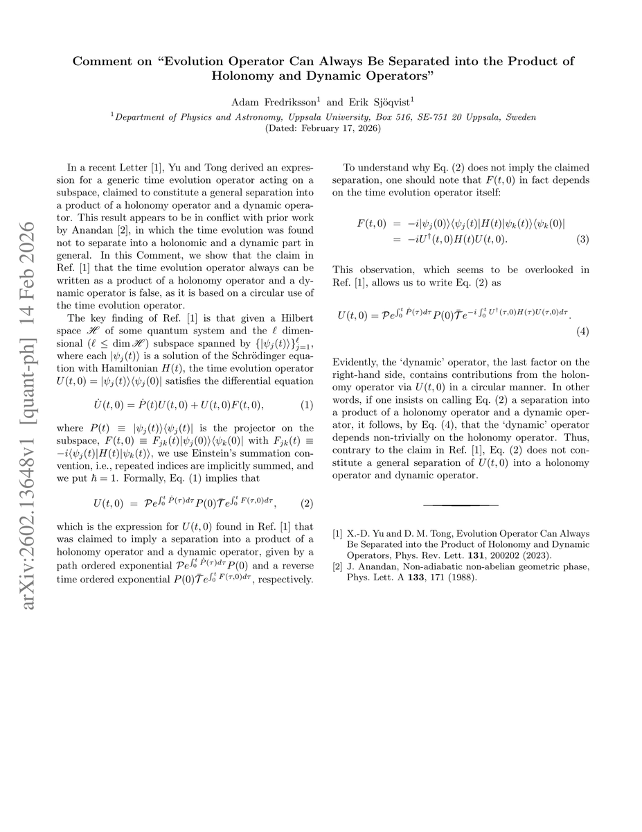 Thumbnail for Comment on "Evolution Operator Can Always Be Separated into the Product of Holonomy and Dynamic Operators"