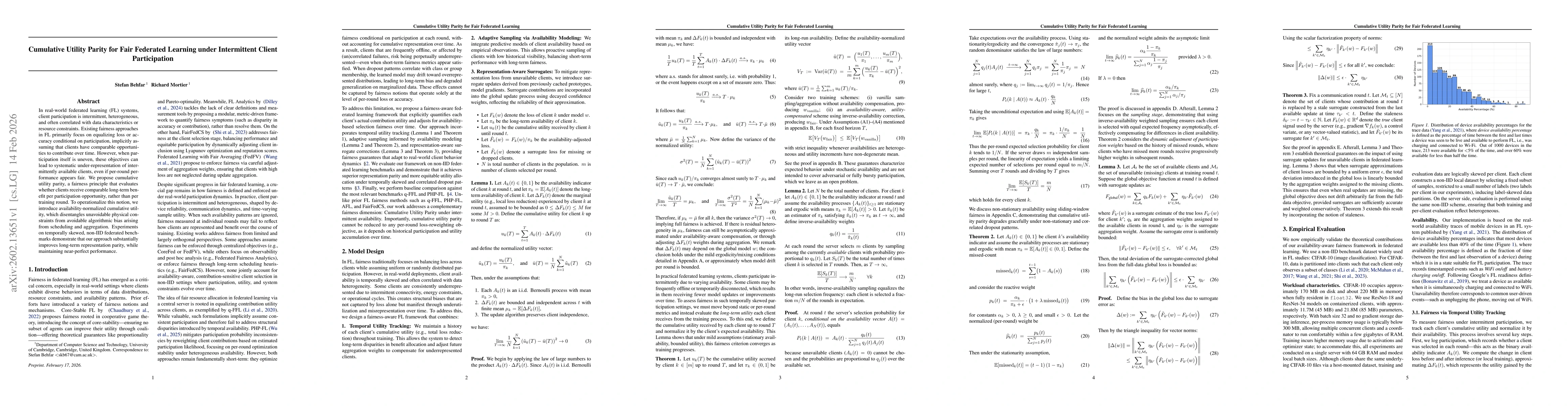 Thumbnail for Cumulative Utility Parity for Fair Federated Learning under Intermittent Client Participation