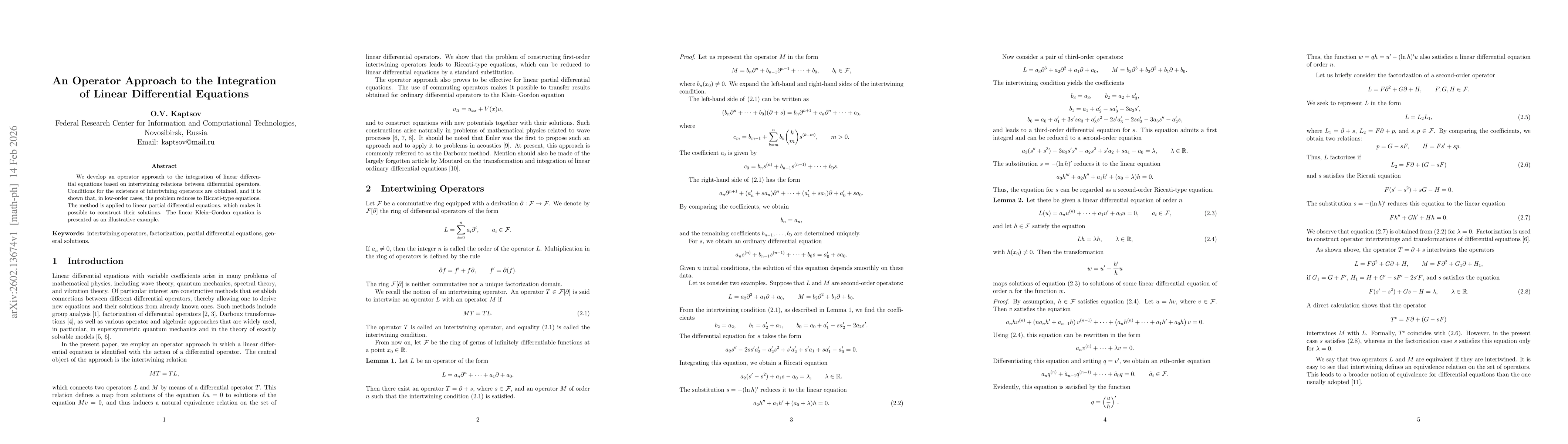Thumbnail for An Operator Approach to the Integration of Linear Differential Equations