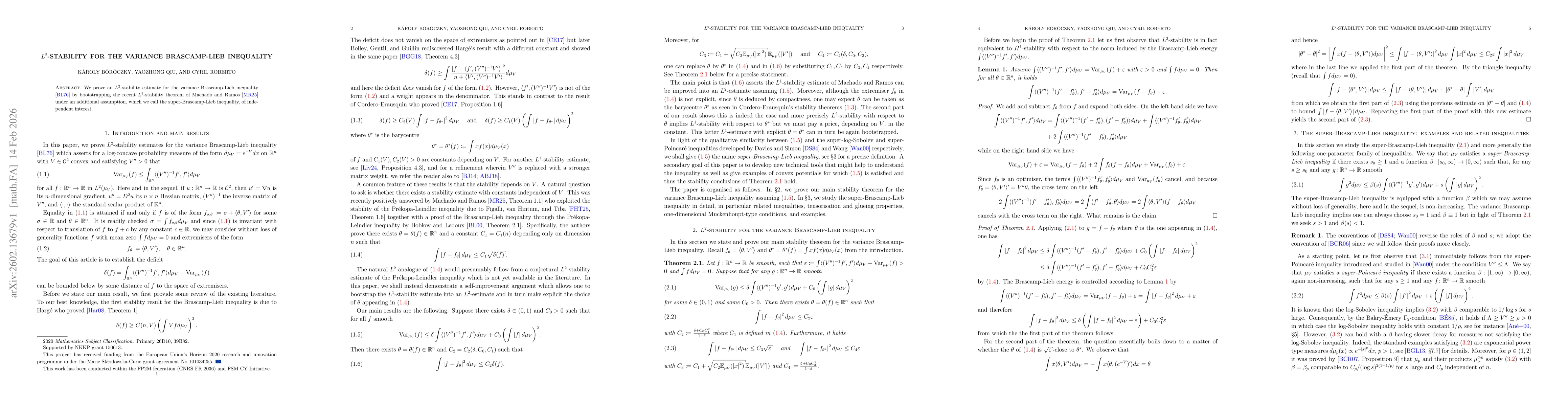 Thumbnail for $L^2$-stability for the variance Brascamp-Lieb inequality