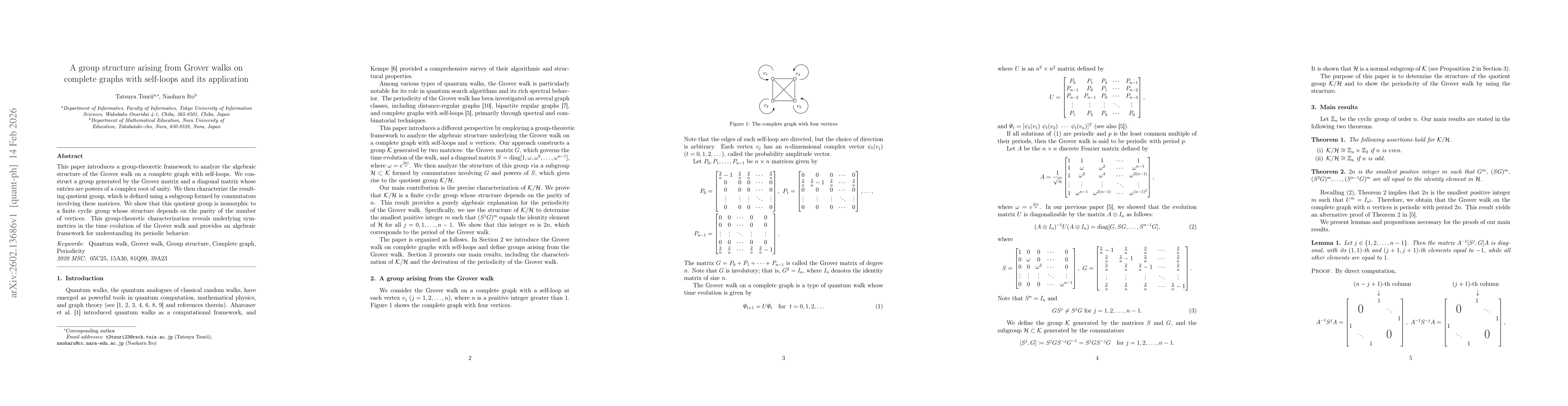 Thumbnail for A group structure arising from Grover walks on complete graphs with self-loops and its application